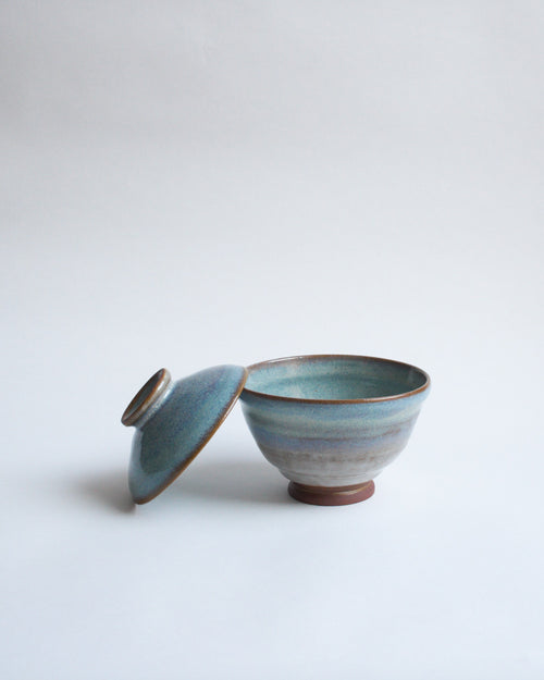 Lidded bowl in blue and white