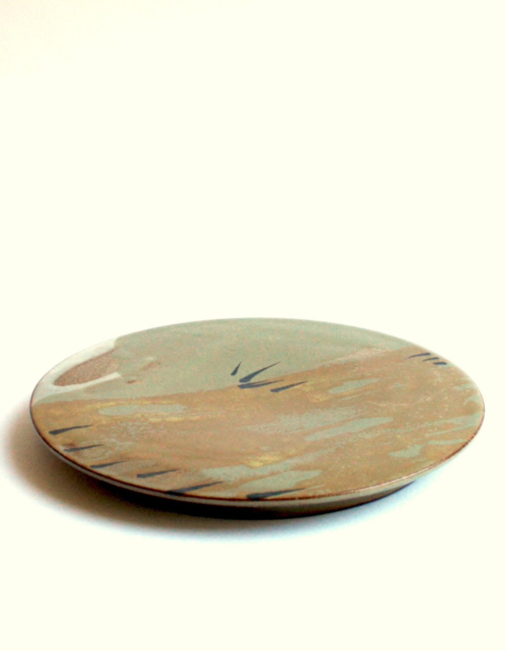 Cheese board in khaki, white and mustard yellow with iron strokes