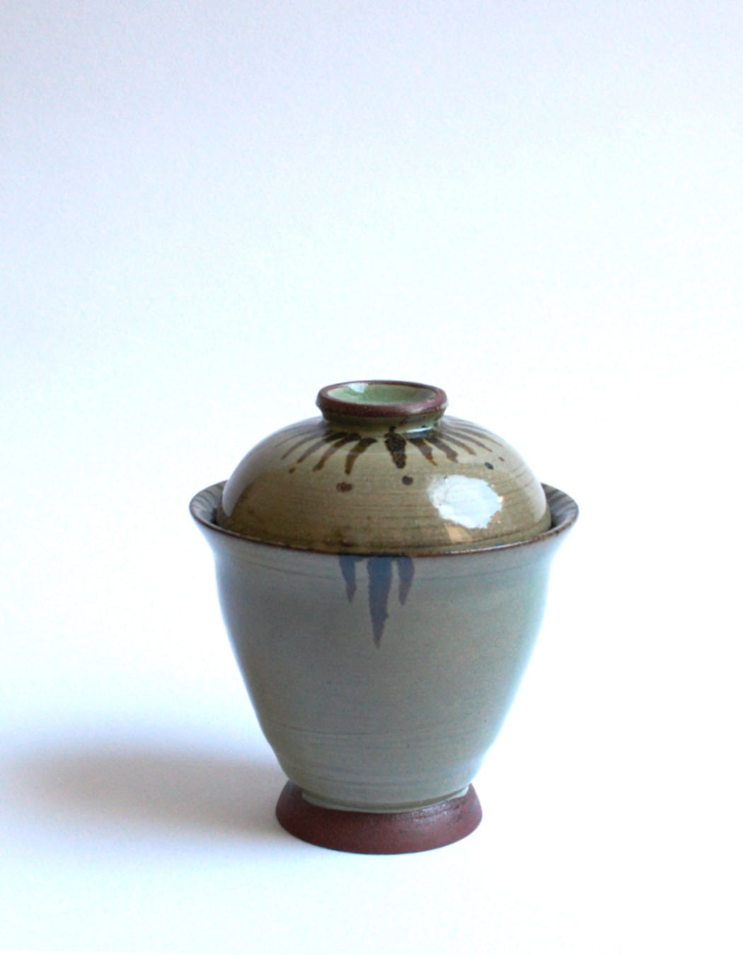 Lidded bowl in wam green with iron strokes